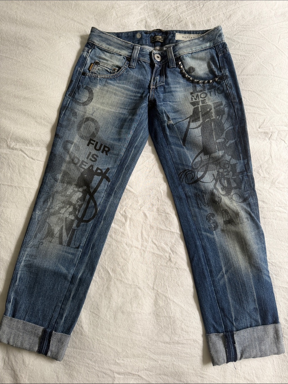 RA-ER RAG RECYCLE Blue Graphic Cropped Jeans - Women's Ankle